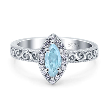 Halo Art Deco Bridal Wedding Engagement Ring Marquise Simulated Aquamarine CZ 925 Sterling Silver